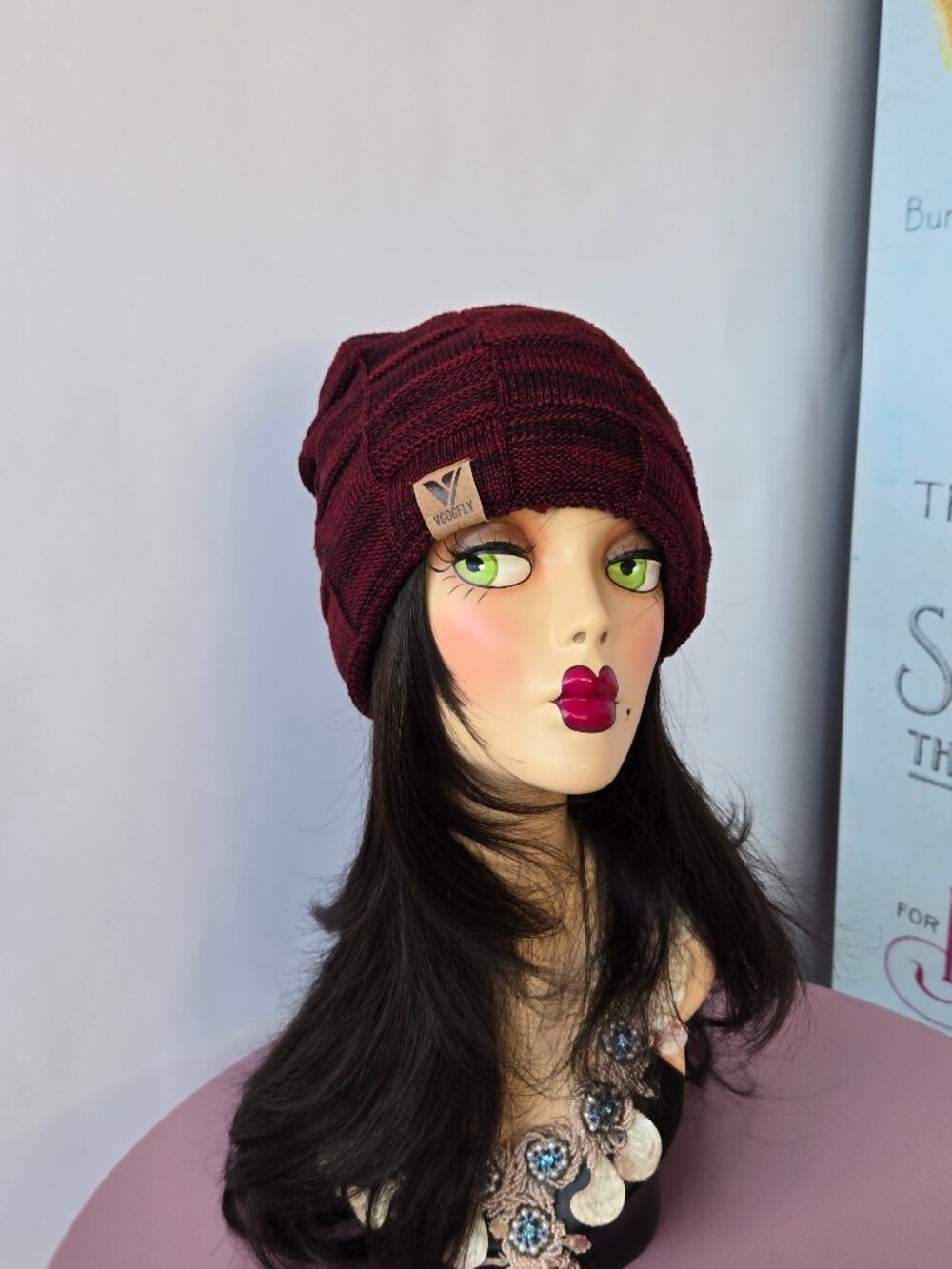 VGOGFLY Maroon Burgundy Woven Knit Beanie Hat Autumn Winter Boho
